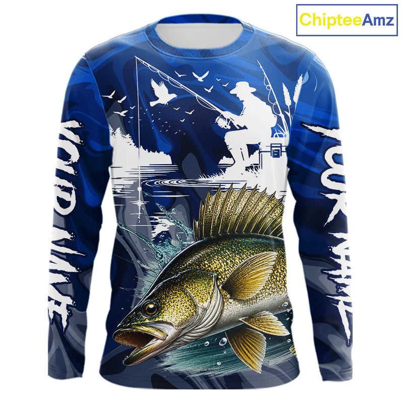 Front view of Walleye Fishing Jersey Custom Name long sleeve fishing shirt, camo walleye fishing shirt for team with walleye graphic and custom name right, left sleeve