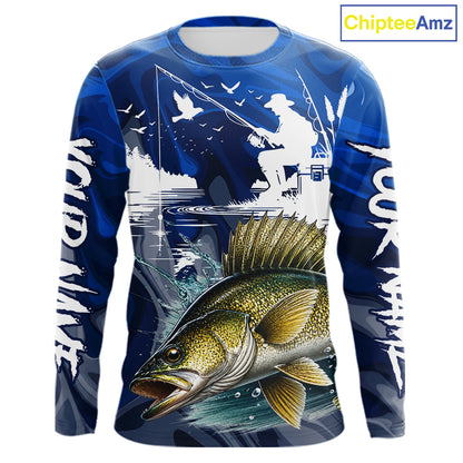 Front view of Walleye Fishing Jersey Custom Name long sleeve fishing shirt, camo walleye fishing shirt for team with walleye graphic and custom name right, left sleeve