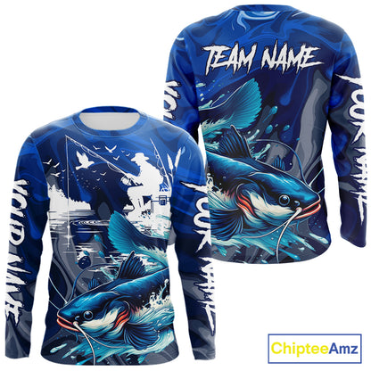 Front and back view of Catfish Fishing Jersey Custom Name long sleeve fishing shirt, camo catfish fishing shirt for team with ctafish graphic and custom name left sleeve