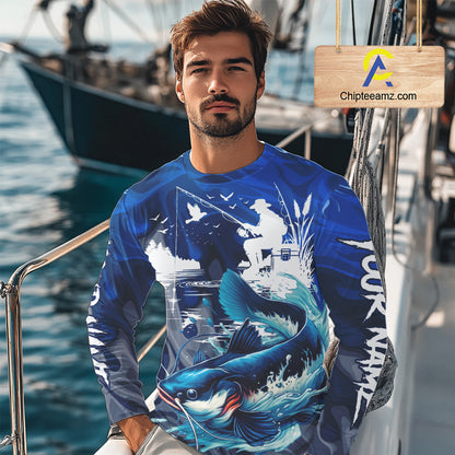Model wearing Catfish Fishing Jersey Custom Name long sleeve camo catfish fishing shirt for team, UPF 30+ long sleeve fishing shirt on the boat