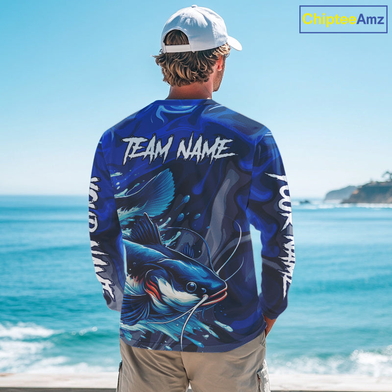Model wearing Catfish Fishing Jersey Custom Name long sleeve camo catfish fishing shirt for team, UPF 30+ long sleeve fishing shirt on the boat