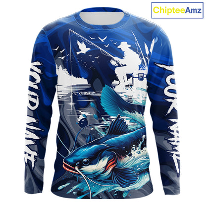 Front view of Catfish Fishing Jersey Custom Name long sleeve fishing shirt, camo catfish fishing shirt for team with ctafish graphic and custom name left sleeve
