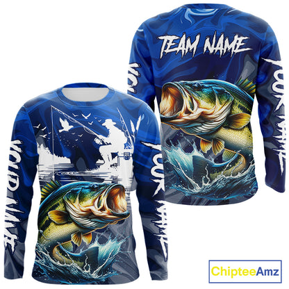 Bass Fishing Jersey Custom Name Long Sleeve Fishing Shirts, Camo Bass Fishing Shirt For Team NBT848