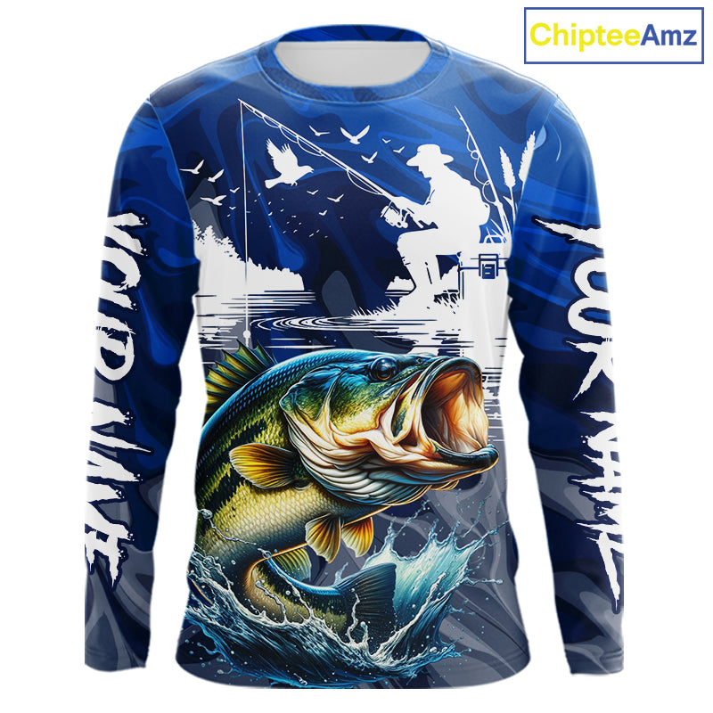 Front view of Bass Fishing Jersey Custom Name long sleeve fishing shirt, camo bass fishing shirt for team with bass graphic and custom name left sleeve