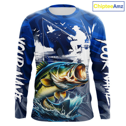 Front view of Bass Fishing Jersey Custom Name long sleeve fishing shirt, camo bass fishing shirt for team with bass graphic and custom name left sleeve