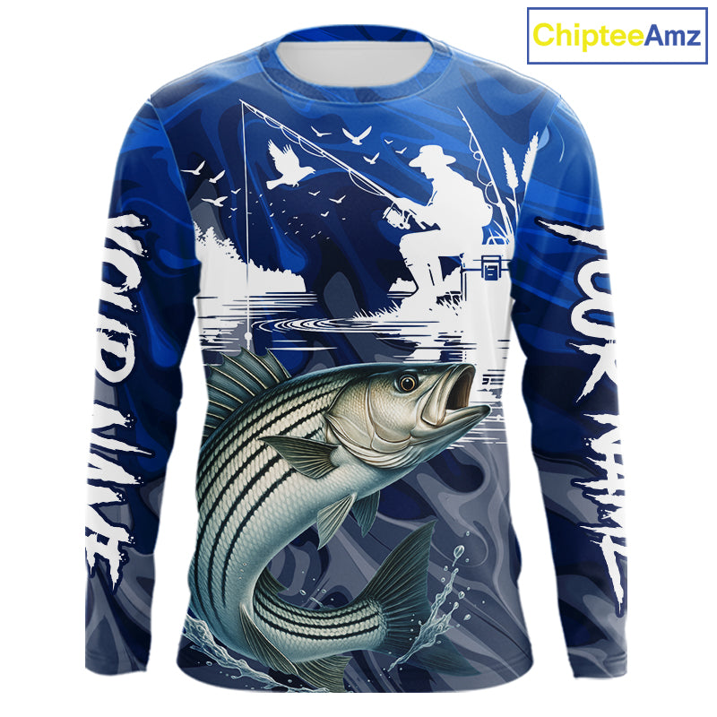 Striped Bass Fishing Jersey Custom Name Long Sleeve Fishing Shirts, Stripe Bass Fishing Shirt For Team NBT849