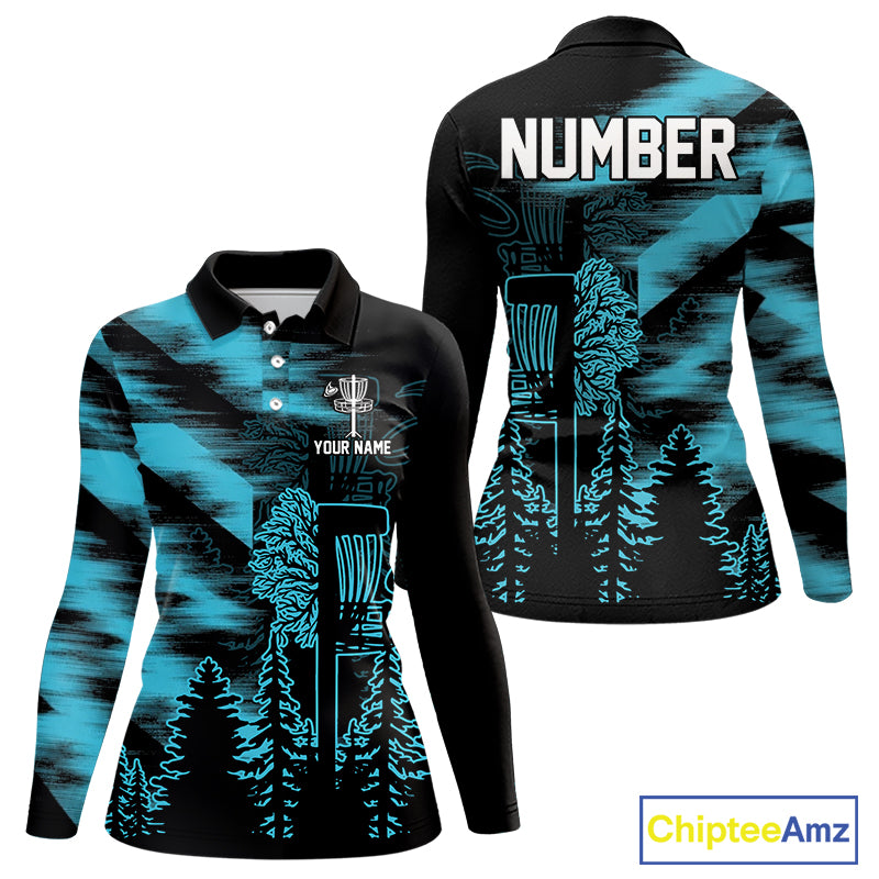 Womens Disc Golf Polo Shirt Custom Name Blue Disc Golf Basket, Personalized Disc Golf Shirts NBT646