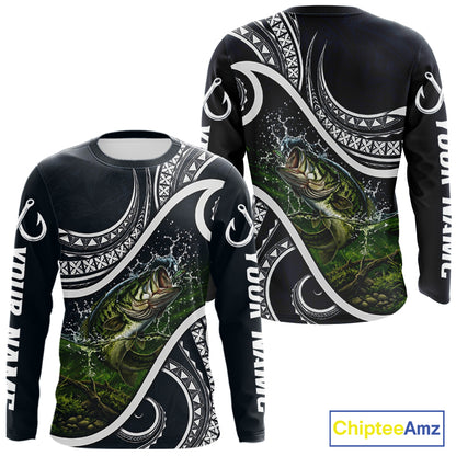 Front and back view of blue tribal pattern custom largemouth bass long sleeve fishing shirt