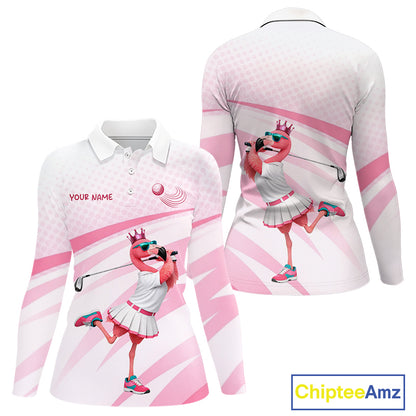 Funny Pink Flamingo Golf Polo Shirt For Women Custom Flamingo Golfer Pattern Golf Shirts, Golf Attire NBT518
