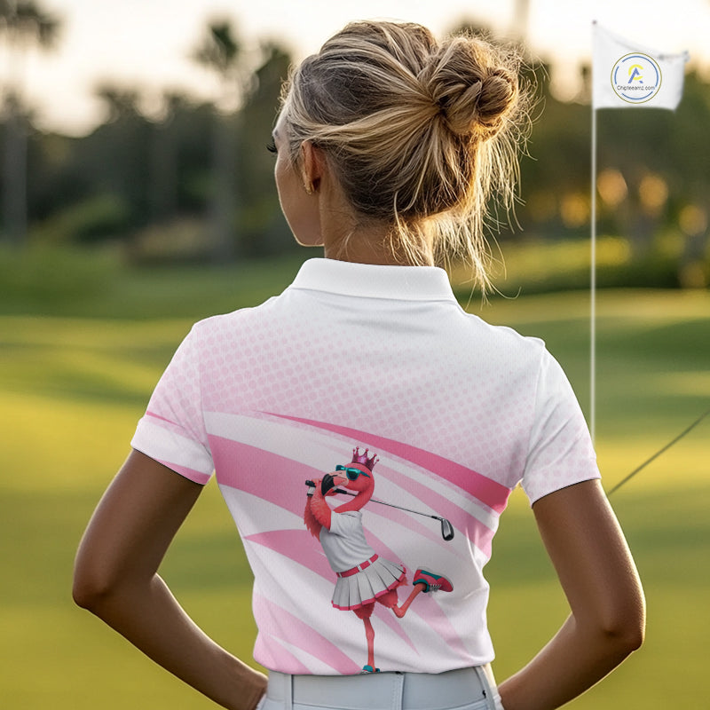 Funny Pink Flamingo Golf Polo Shirt For Women Custom Flamingo Golfer Pattern Golf Shirts, Golf Attire NBT518