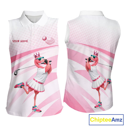 Funny Pink Flamingo Sleeveless Golf Polo Shirt For Women Custom Flamingo Golfer Pattern Golf Shirts, Golf Attire NBT518