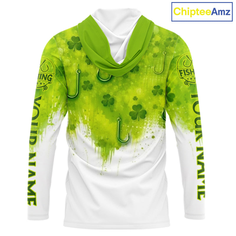 Personalized St Patrick's Day Shirts Fish Hook Long Sleeve Hooded Fishing Shirts, Mens Fishing Outfit NBT386