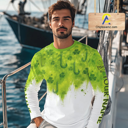 Personalized St Patrick's Day Shirts Fish Hook Long Sleeve Fishing Shirts, Mens Fishing Outfit NBT386