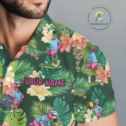 Funny Mens Golf Polo Shirt Custom Green Tropical Flower Flamingo Team Golf Shirts, Golf Gifts NBT660