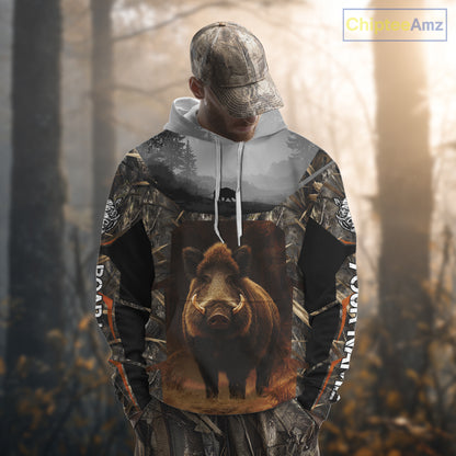 Boar Hunting Shirt Brown Camouflage Hoodie, Long Sleeve Custom Name For Men NBT247