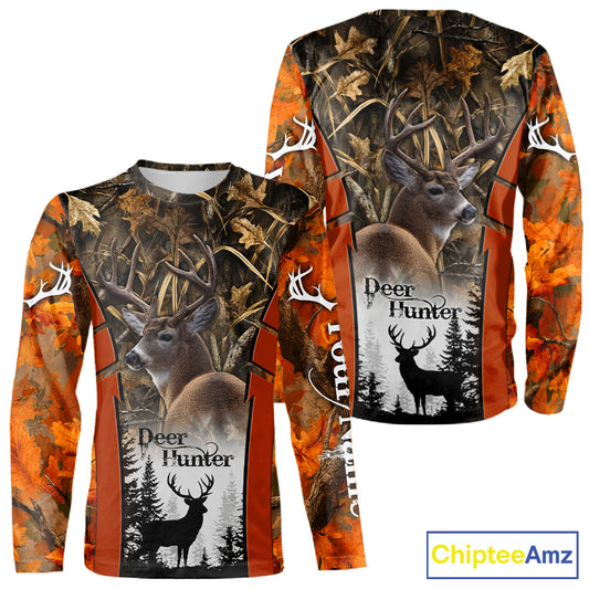 Customized Name Whitetail Deer Hunting Orange Camo Hoodie 3D Shirt, Gift for Hunters NBT297