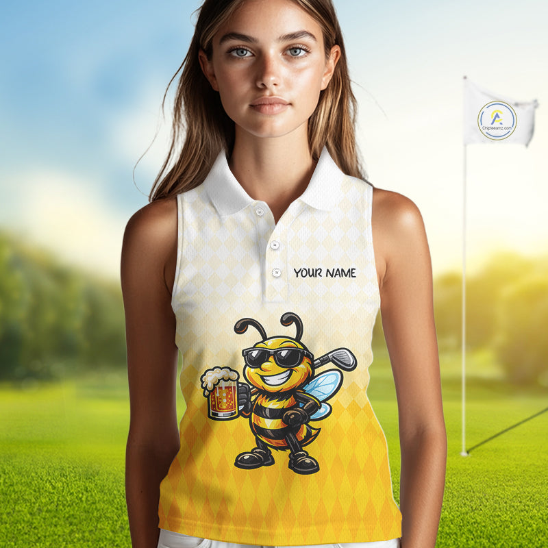 Funny Bee Sleeveless Golf Polo Shirt For Women, Cute Bee With Beer Print Shirt, Sporty Animal Golf Gift|Yellow NBT663