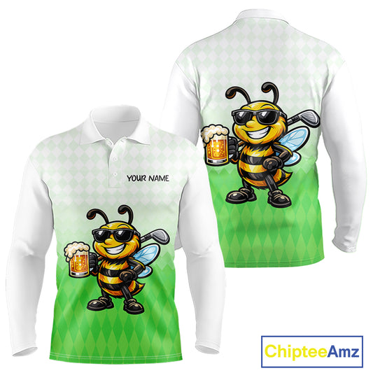 Funny Bee Golf Polo Shirt For Men, Cute Bee With Beer Print Shirt, Sporty Animal Golf Gift|Green NBT665