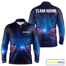 Load image into Gallery viewer, Navy long-sleeve shirt with American flag design and customizable text on a blue background