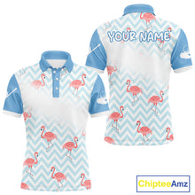 Load image into Gallery viewer, Custom flamingo golf polo shirt front and back design in blue and white with personalized name on the back