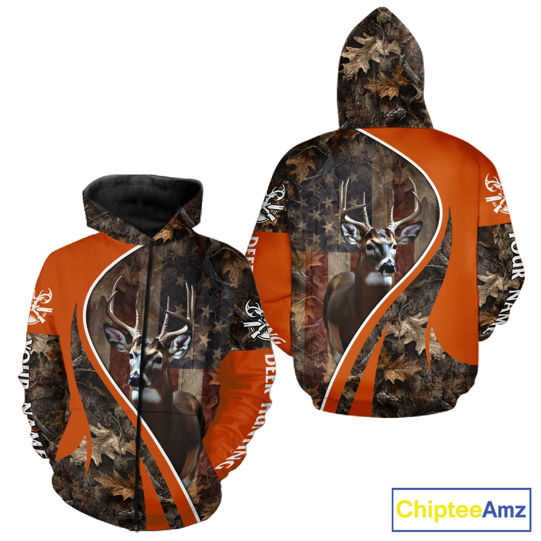 Custom Whitetail Deer Hunting Shirt 3D All Over Print with Orange Camo US Flag Hunting Gifts NBT253