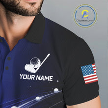 Load image into Gallery viewer, Close-up fabric of blue golf ball American flag mens golf polo shirt with personalized name on the chest

