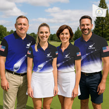Load image into Gallery viewer, Mixed golf team wearing matching blue golf ball American flag golf polo shirts