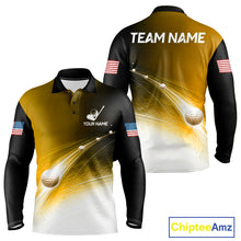 Load image into Gallery viewer, Front and back view of blue golf ball pattern American flag mens long sleeve golf polo shirt