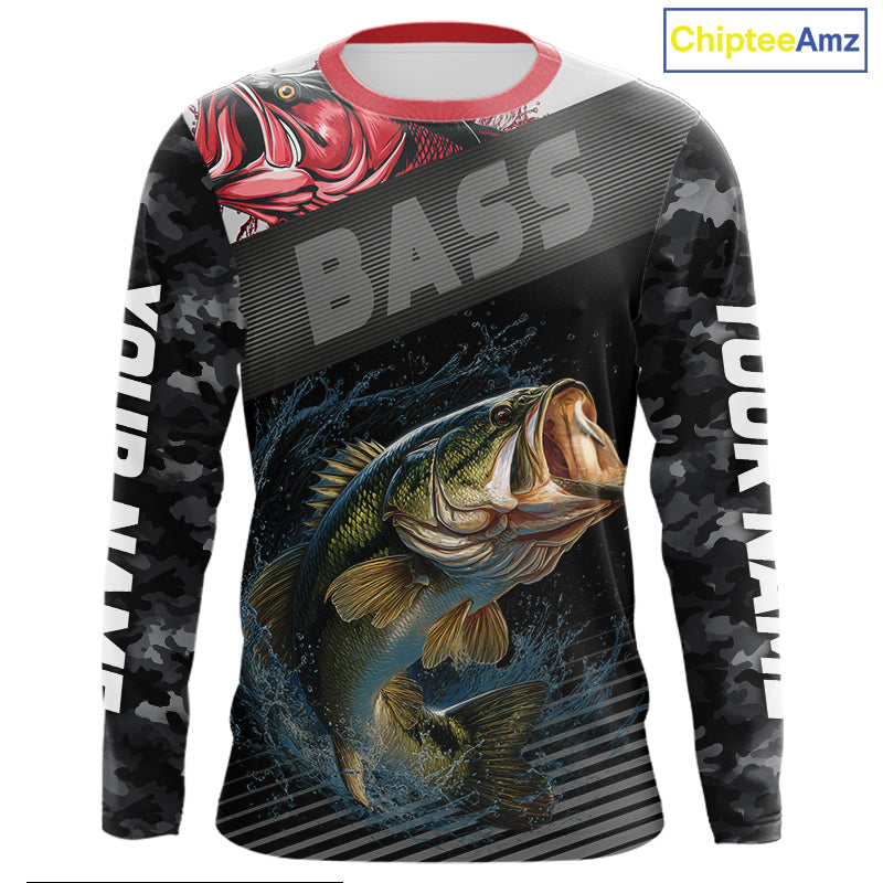 Personalized Largemouth Bass Fishing Long Sleeve Black Camo Shirts, Bass Fishing League Jerseys NBT345
