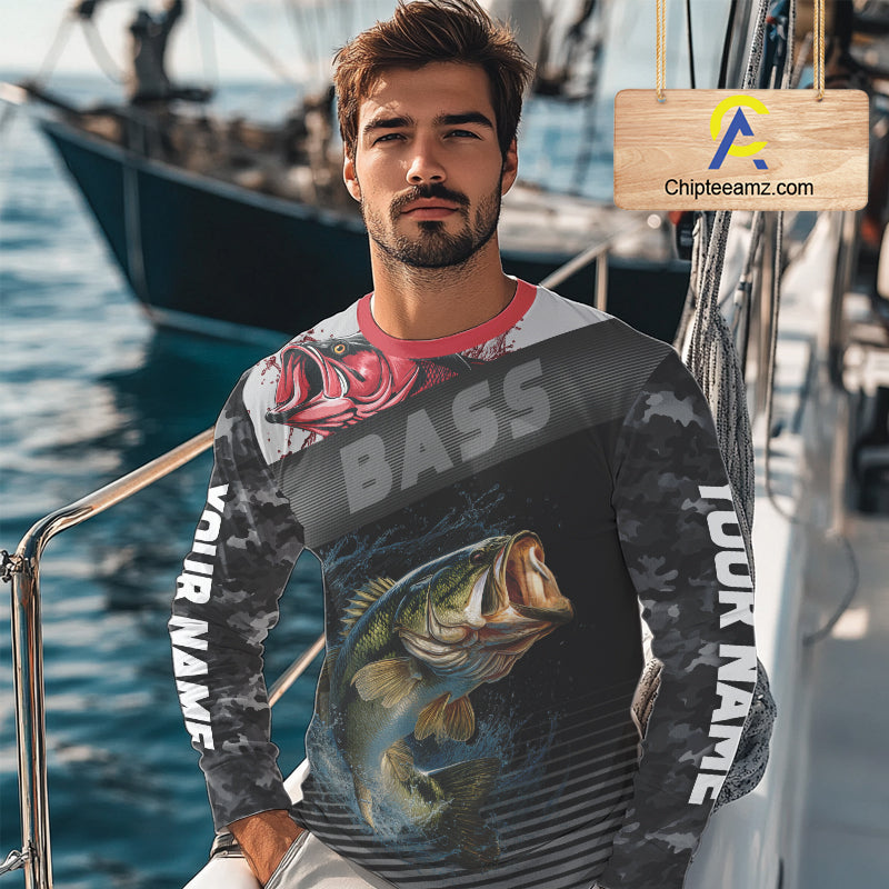 Personalized Largemouth Bass Fishing Long Sleeve Black Camo Shirts, Bass Fishing League Jerseys NBT345