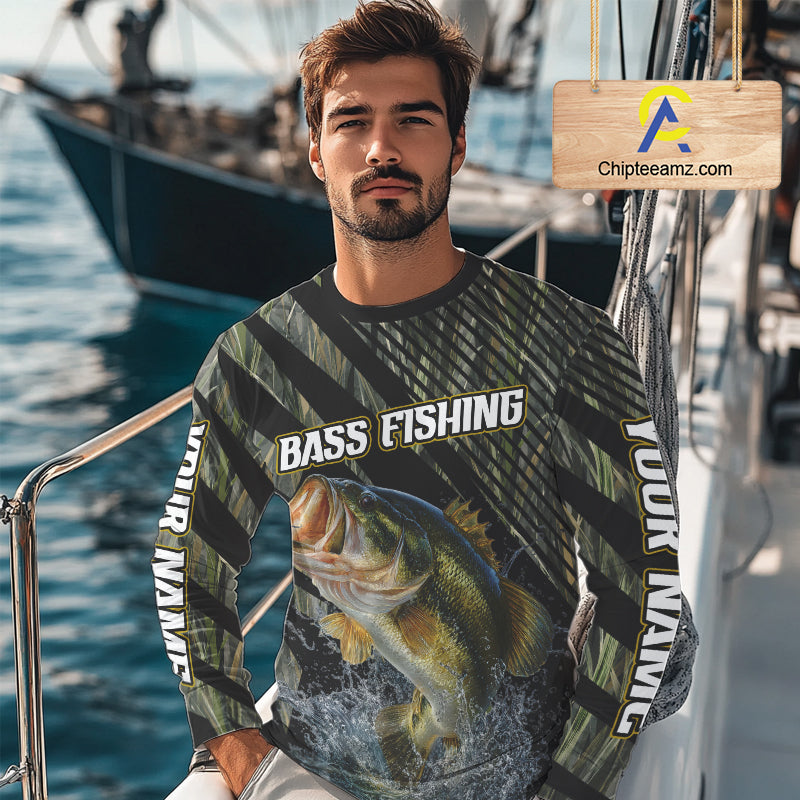 Personalized Reed Camo Bass Fishing Long Sleeve Shirts, Custom Bass Tournament Jerseys|Green NBT347