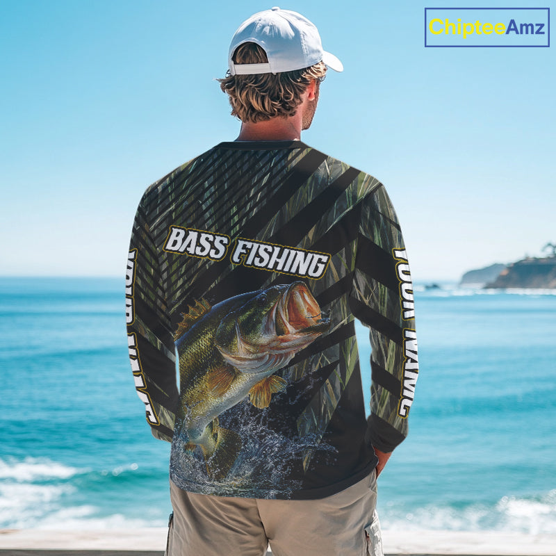 Personalized Reed Camo Bass Fishing Long Sleeve Shirts, Custom Bass Tournament Jerseys|Green NBT347