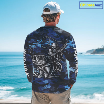 Reaper Fishing Largemouth Bass Long Sleeve Fishing Shirts Blue Camo, Camo Fishing Shirt NBT391