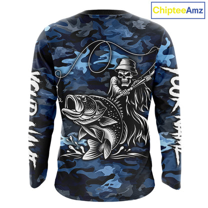 Reaper Fishing Largemouth Bass Long Sleeve Fishing Shirts Blue Camo, Camo Fishing Shirt NBT391