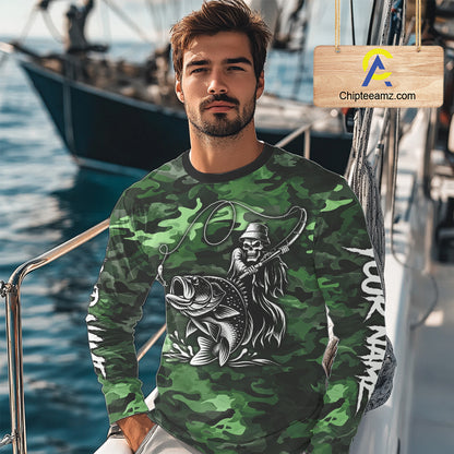 Reaper Fishing Largemouth Bass Long Sleeve Fishing Shirts Green Camo, Camo Fishing Shirt NBT392