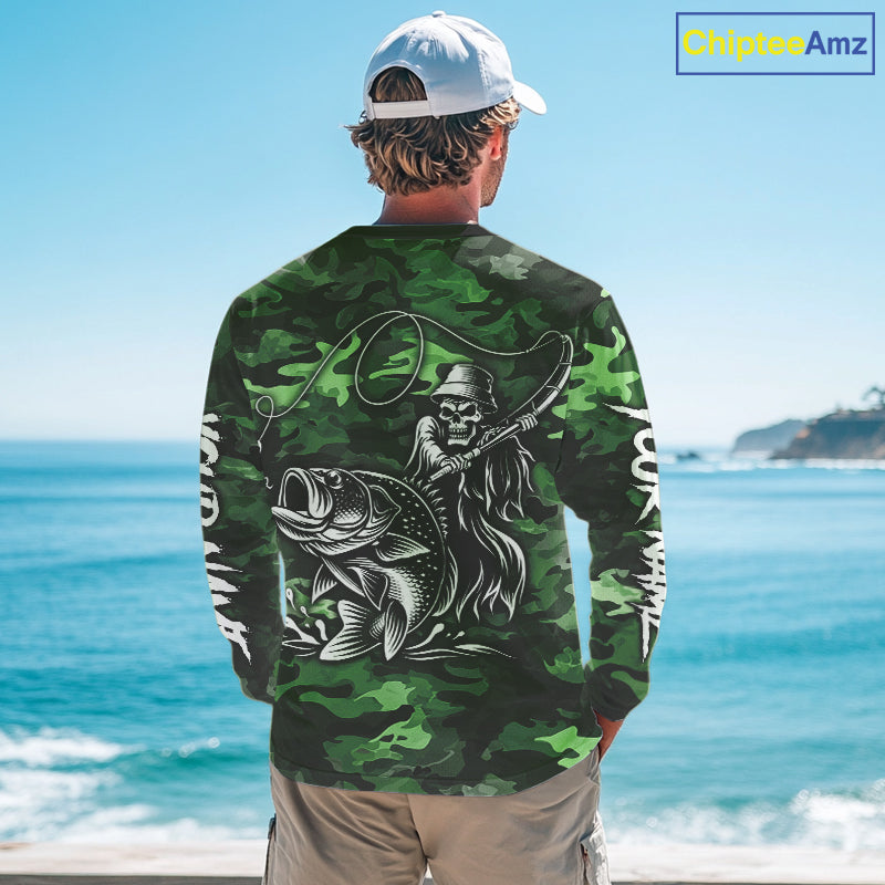 Reaper Fishing Largemouth Bass Long Sleeve Fishing Shirts Green Camo, Camo Fishing Shirt NBT392