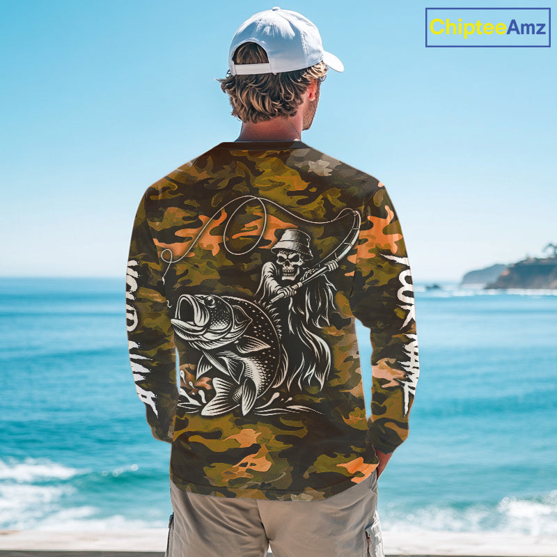 Reaper Fishing Largemouth Bass Long Sleeve Fishing Shirts Orange Camo, Camo Fishing Shirt NBT393