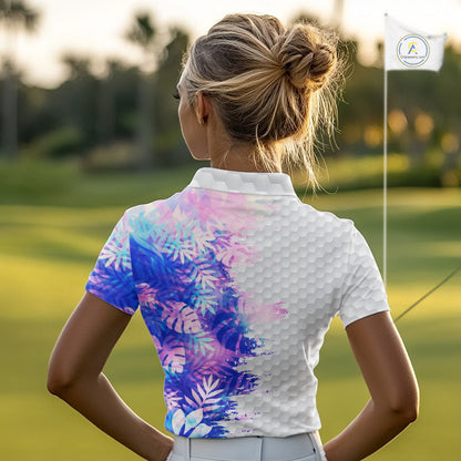 Womens Golf Polo Shirts Custom Hologram Tropical Leaves Golf Shirts, Womens Golf Tops NBT544