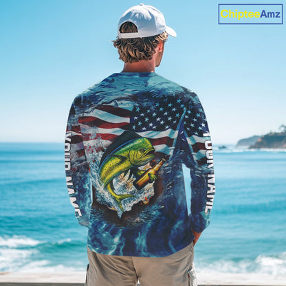 American Flag Mahi Mahi (Dorado) Fishing Custom Name Blue Water Camo Long Sleeve Fishing Shirt NBT689