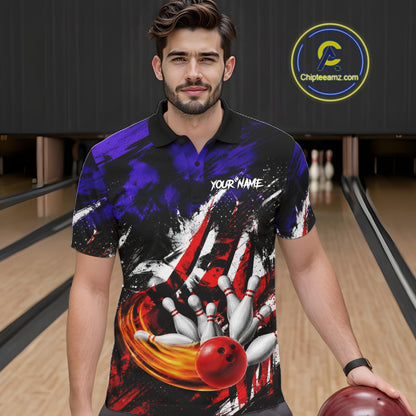 Bowler wearing Custom Bowling Quarter Zip Shirt For Men USA Flag Bowling Jersey Polo on the lanes