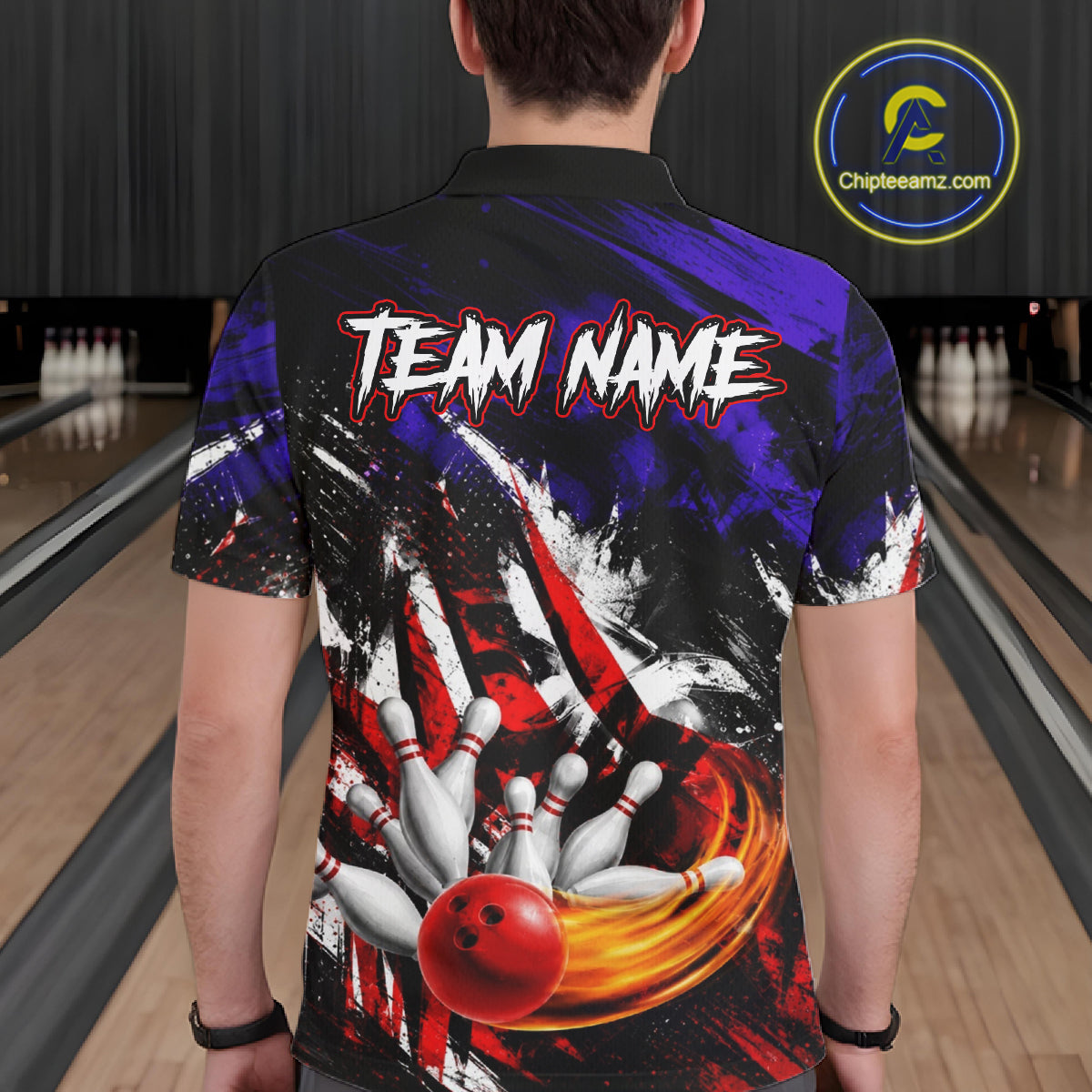 Bowler wearing Custom Bowling Quarter Zip Shirt For Men USA Flag Bowling Jersey Polo on the lanes - back view 