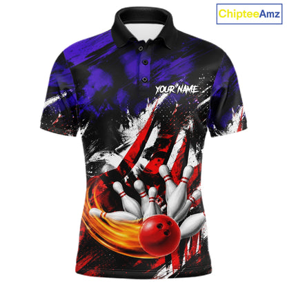 Front view of Custom Bowling Quarter Zip Shirt For Men USA Flag Bowling Jersey Polo Bowling Shirt