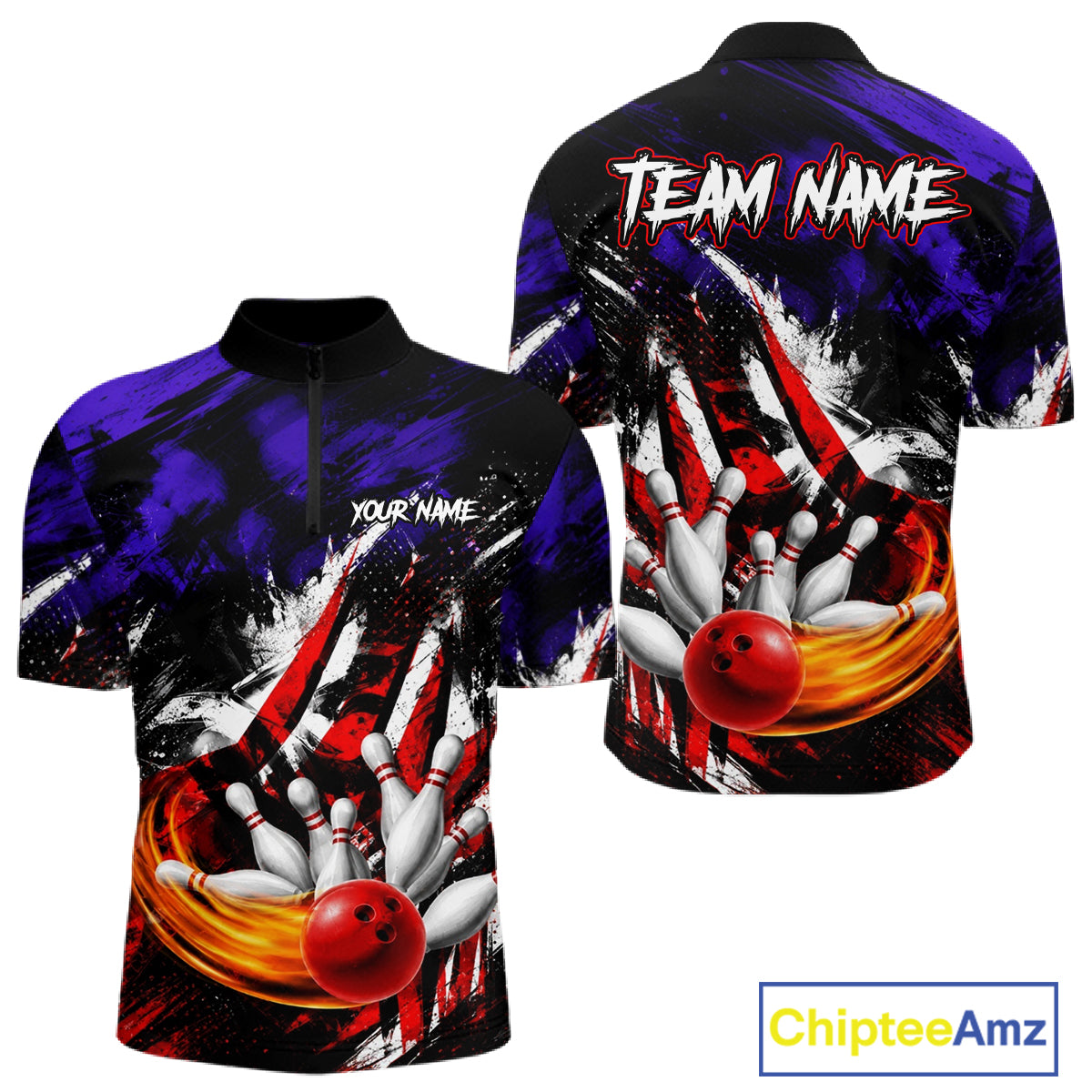 Front view of Custom Bowling Quarter Zip Shirt For Men USA Flag Bowling Jersey 1/4 Quarter Zip Bowling Shirt