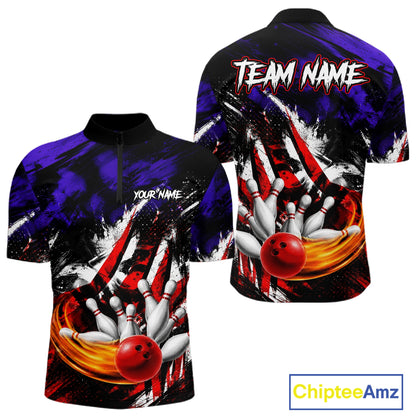 Front view of Custom Bowling Quarter Zip Shirt For Men USA Flag Bowling Jersey 1/4 Quarter Zip Bowling Shirt