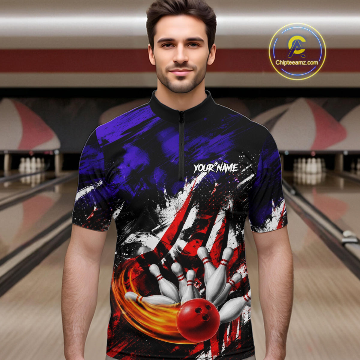 Custom Bowling Quarter Zip Shirt For Men USA Flag Bowling Jersey Polo & 1/4 Zip Bowling Team Shirts NBT880