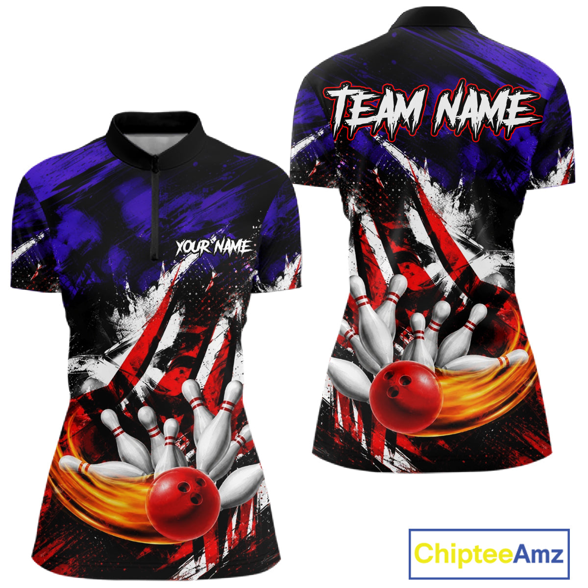 Custom Bowling Quarter Zip Shirt For Women USA Flag Bowling Jersey Polo & 1/4 Zip Bowling Team Shirts NBT880