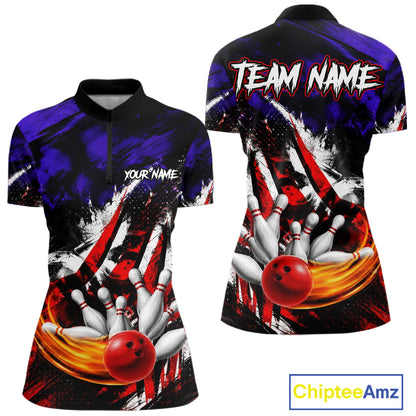 Custom Bowling Quarter Zip Shirt For Women USA Flag Bowling Jersey Polo & 1/4 Zip Bowling Team Shirts NBT880
