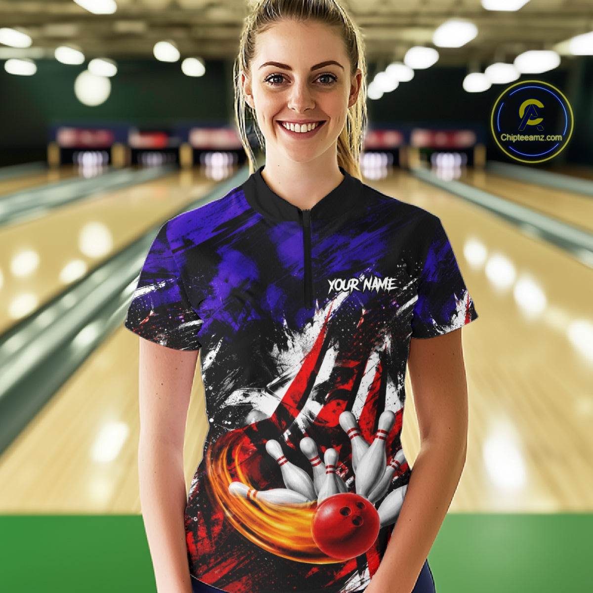 Custom Bowling Quarter Zip Shirt For Women USA Flag Bowling Jersey Polo & 1/4 Zip Bowling Team Shirts NBT880