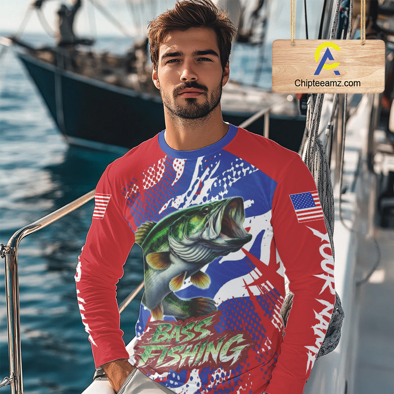 Bass Fishing American Flag Fishing Shirts Long Sleeve, Bass Fishing Shirts For Men, UPF Fishing Shirts NBT436