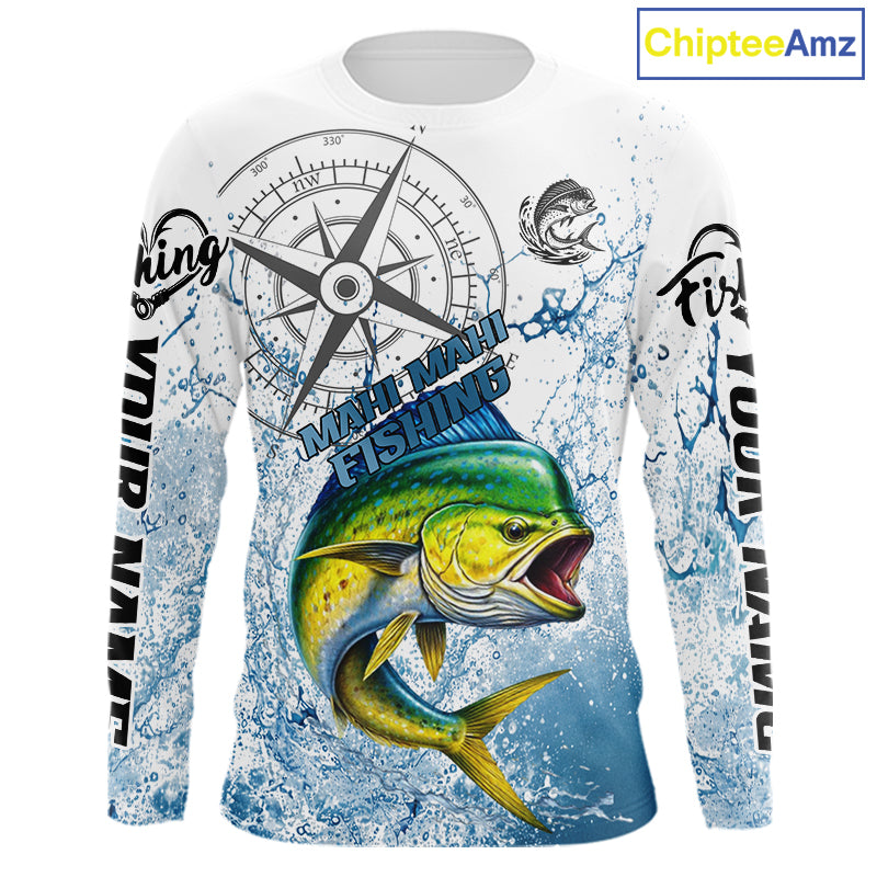 Custom Mahi Mahi Long Sleeve Fishing Shirts Saltwater Fish, Compass Offshore Tournament Fishing Shirts NBT552